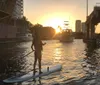 A person is standing atop a paddleboard close to a dock enjoying a sunny waterside scenery during golden hour