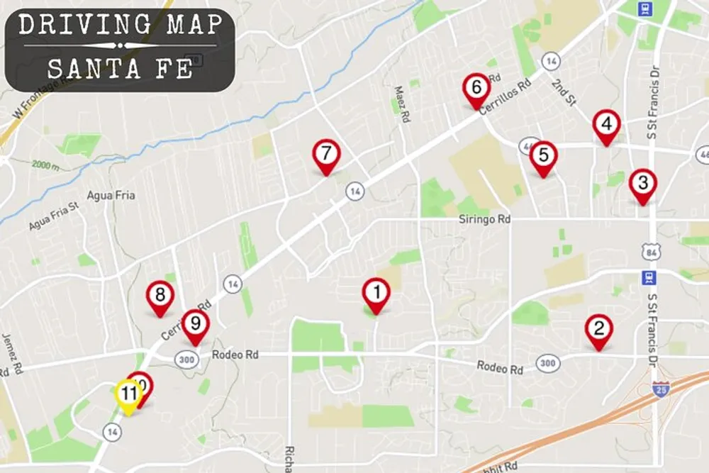 The image is a simplified driving map showing numbered locations in Santa Fe with roads and landmarks indicated but no specific street names or details