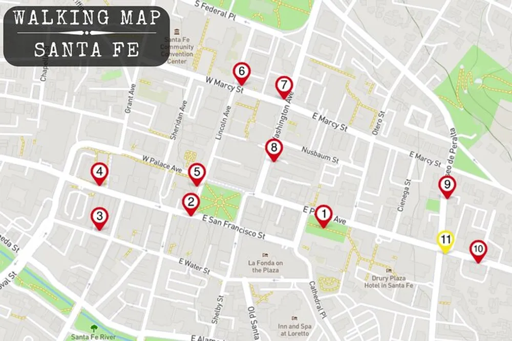 The image shows a walking map of Santa Fe with eleven marked points of interest