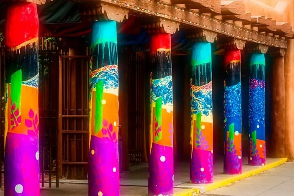 The image shows a row of brightly painted cylindrical pillars each adorned with different colors and patterns creating a vibrant and artistic display
