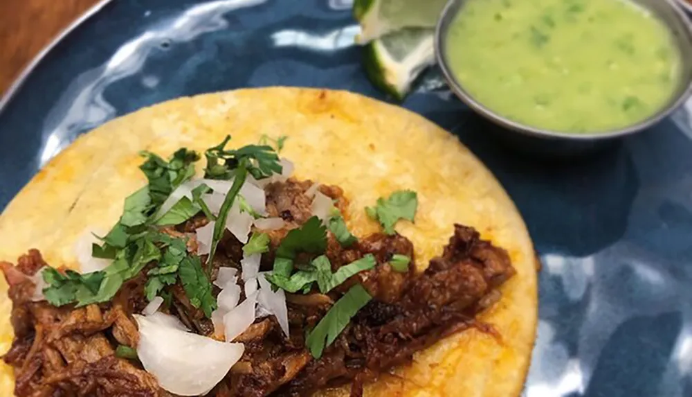 The image features a close-up of a traditional Mexican taco with meat chopped onions and cilantro accompanied by a bowl of green salsa on a blue plate