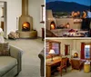 The image shows a cozy and well-appointed bedroom with a lit fireplace a comfortable seating area and Southwestern-style dcor accents