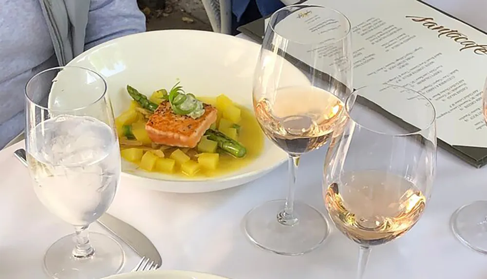 The image shows an elegantly-plated salmon dish accompanied by asparagus and cubed yellow vegetables with two glasses of wine and a glass of water set on a restaurant table with a menu in the background