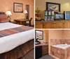 The image shows a hotel room with two beds adorned with southwestern-style red and beige bedding wood headboards and a wall painting complementing the rooms rustic decor theme