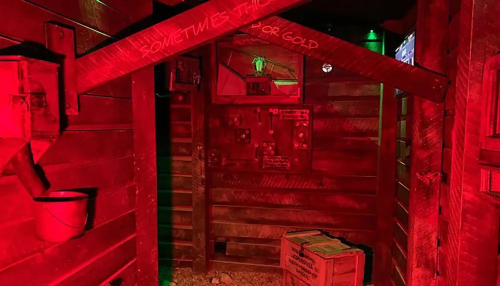 The image shows a dimly lit red-tinged rustic wooden space with various old-fashioned electrical panels on the wall and the phrase SOMETIMES THICK OR GOLD written above creating an eerie vintage atmosphere