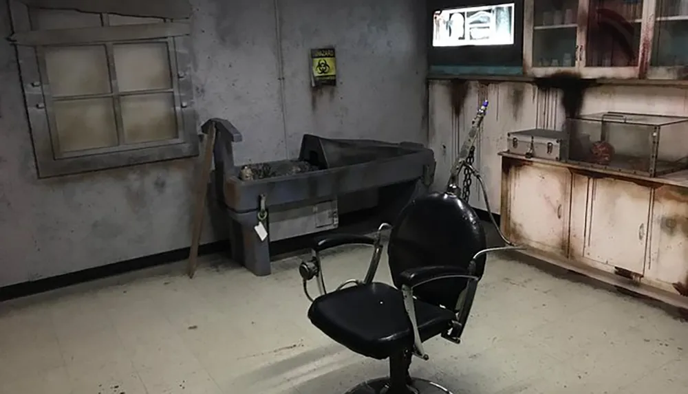 The image depicts a rundown and disheveled room resembling a barber shop with dilapidated equipment and grimy walls evoking an eerie and abandoned atmosphere