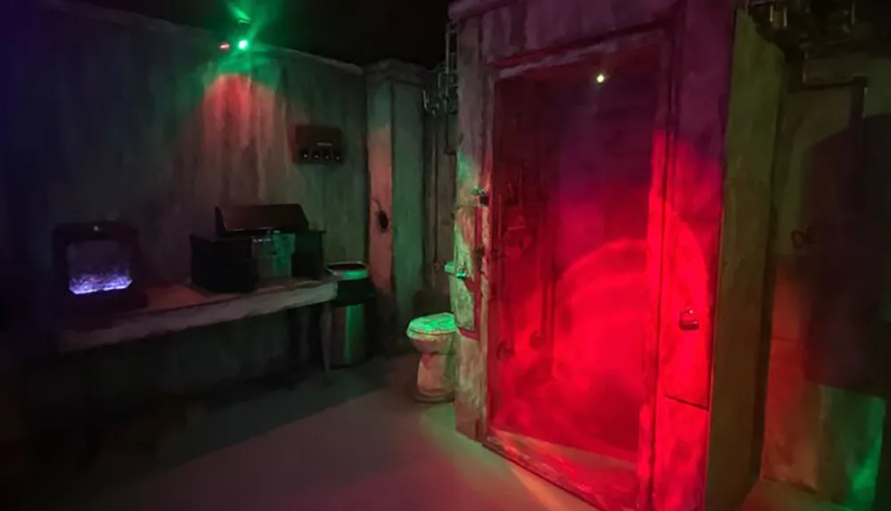 The image shows an eerie room with a mix of green and red lighting featuring an old television set some boxes on a wooden shelf a toilet without its tank and a glowing red doorway