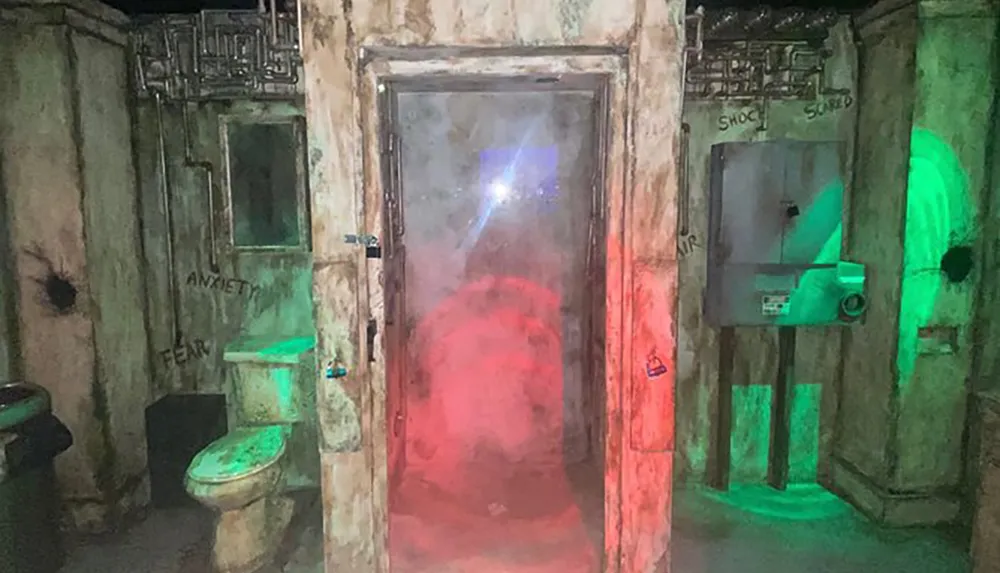 The image depicts a spooky dimly lit hallway with words like anxiety and fear written on the walls a toilet with a greenish glow and a foggy red-illuminated door at the center creating a horror-themed atmosphere