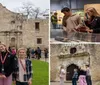 Three smiling visitors are posing for a photo in front of the historic Alamo Mission in San Antonio Texas