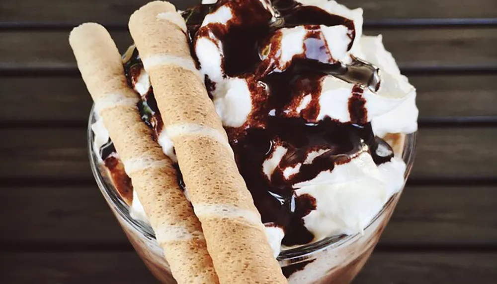 The image shows a delicious-looking dessert with whipped cream chocolate syrup and wafer sticks