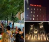 A group of attentive people listen to a speaker during an evening gathering on a city sidewalk lined with trees and storefronts