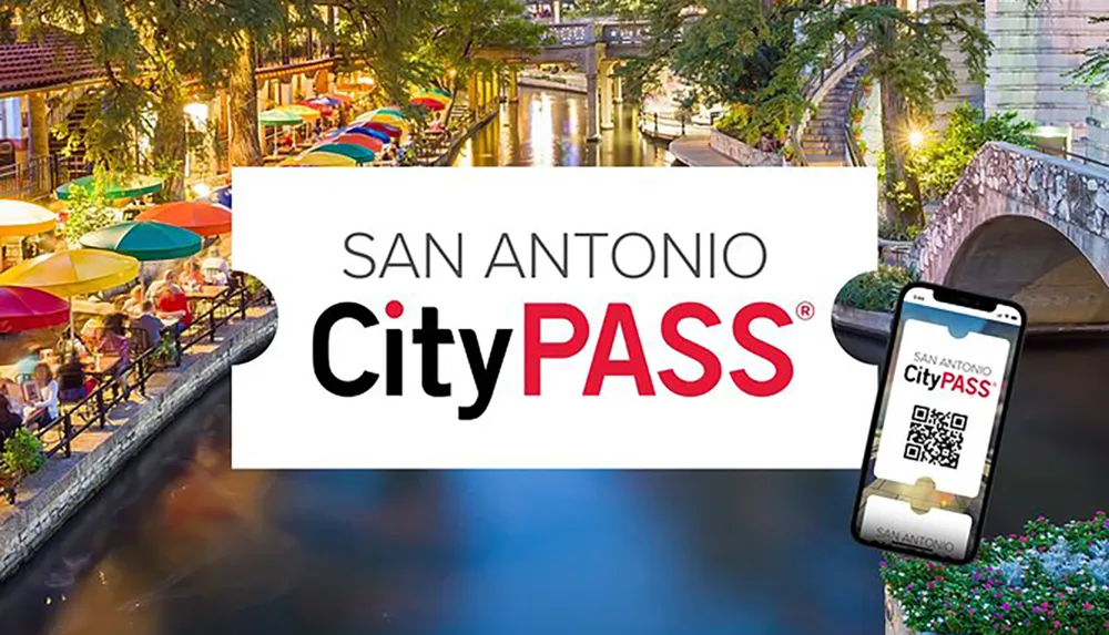 The image shows an advertisement for the San Antonio CityPASS with a picturesque view of a riverwalk area lined with colorful umbrellas and a smartphone displaying the pass