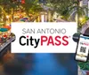 This is an advertisement for the San Antonio CityPASS featuring a vibrant scene of the River Walk with outdoor dining colorful umbrellas and a display of the pass on a mobile phone
