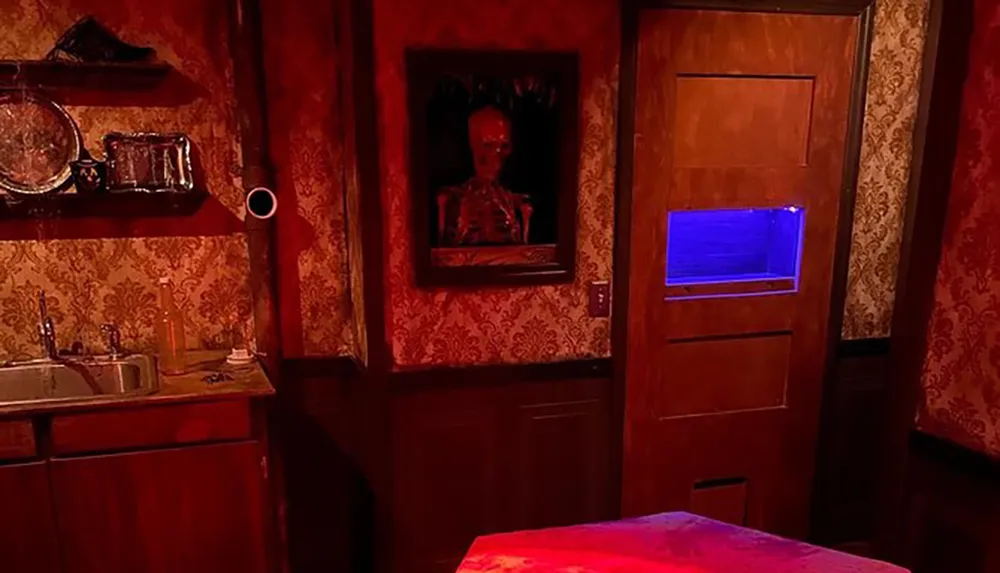The image shows an eerie red-lit room with patterned wallpaper featuring a framed picture of a skeleton a sink some shelves and a door with a blue-lit window