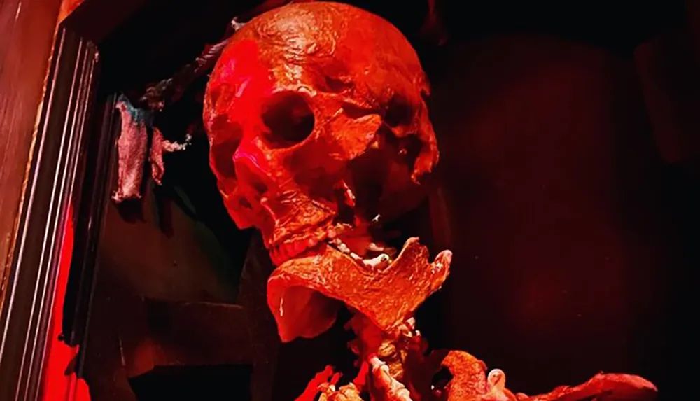 The image depicts a sinister red-lit skull possibly part of a horror-themed display or decoration evoking a macabre or eerie atmosphere