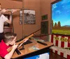 A woman and two children are interacting with a taxidermied horse inside a rustic barn-like setting