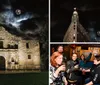 A group of people is gathered around a lantern listening intently to a person where the hoodie indicates they are probably on a ghost tour