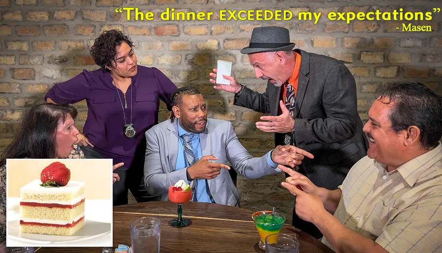 A group of animated adults is engaged in what appears to be a lively and possibly contentious discussion around a bar table with colorful drinks.