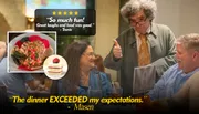A group of people is enjoying a meal at a restaurant, receiving positive reviews for the food and experience, with a waiter giving a thumbs-up sign.