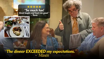 A group of people is enjoying a meal at a restaurant, receiving positive reviews for the food and experience, with a waiter giving a thumbs-up sign.