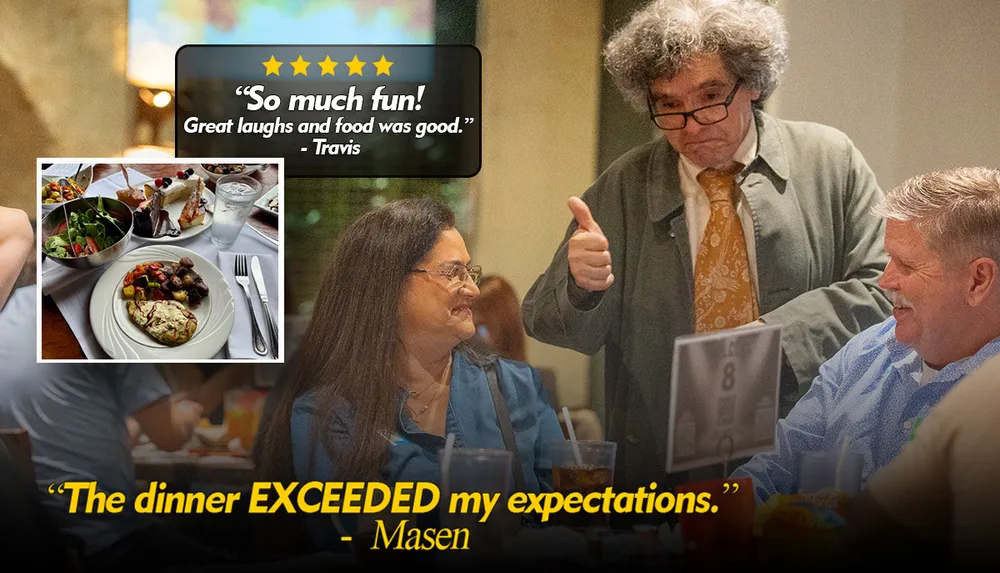 A group of people is enjoying a meal at a restaurant receiving positive reviews for the food and experience with a waiter giving a thumbs-up sign