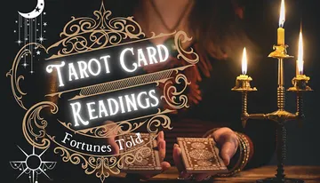 The image features a set of tarot cards being held by a person with lit candles on either side, against a backdrop that includes the text 