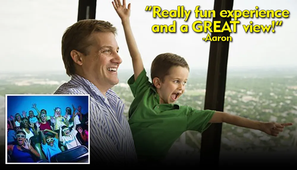 A man and a child joyfully look out at a scenic view with a quote saying Really fun experience and a great view attributed to Aaron