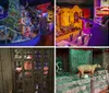 The image is a collage depicting scenes of an Old West-themed attraction including a cowboy with a revolver an underwater diver exhibit a shooting gallery a bartender serving drinks a vintage car a child behind bars a staged tiger exhibit and a fortune-telling machine