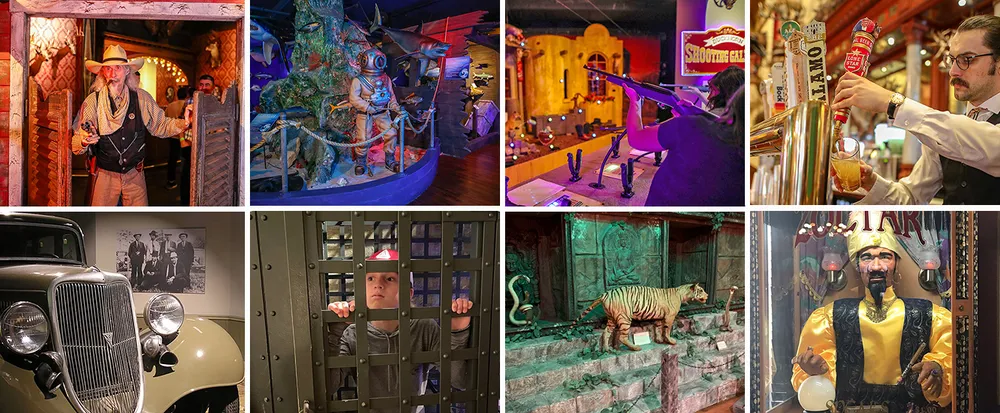 The image is a collage depicting scenes of an Old West-themed attraction including a cowboy with a revolver an underwater diver exhibit a shooting gallery a bartender serving drinks a vintage car a child behind bars a staged tiger exhibit and a fortune-telling machine