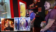 A family is enjoying a visit to a quirky exhibition featuring unusual taxidermy, with an inset photo of a person dressed as a cowboy in a Western-style setting.