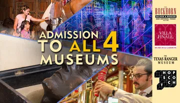 A family is enjoying a visit to a quirky exhibition featuring unusual taxidermy, with an inset photo of a person dressed as a cowboy in a Western-style setting.