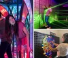 Several people navigate a colorful and reflective mirror maze with vibrant lights creating a kaleidoscopic effect