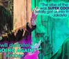Two people are interacting in a room with colorful lighting accompanied by positive quotes about the atmosphere and experience
