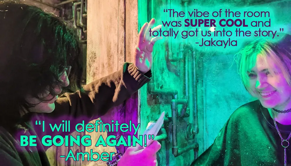 Two people are interacting in a room with colorful lighting accompanied by positive quotes about the atmosphere and experience