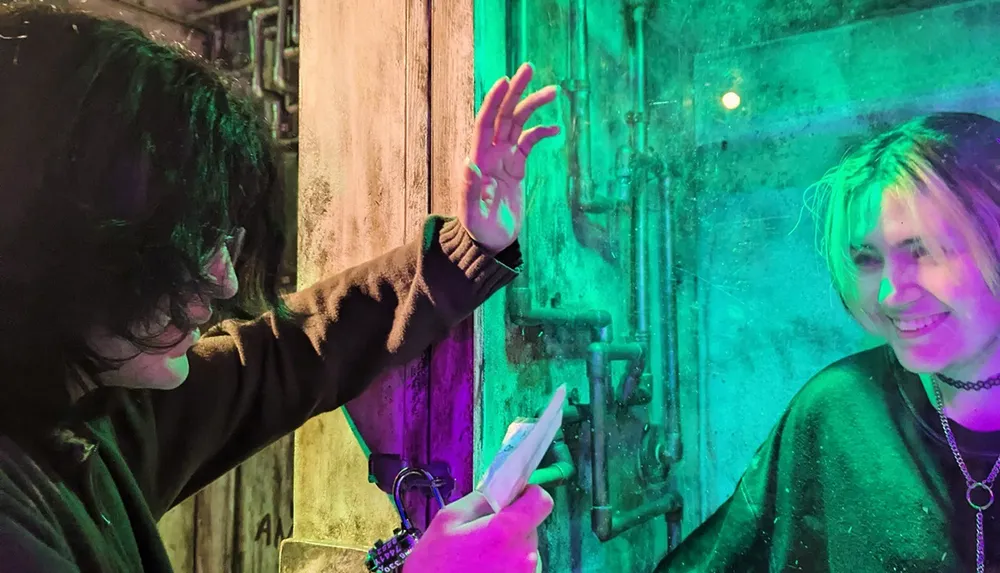 Two people are smiling and interacting with each other through a glass or barrier illuminated by colorful lighting
