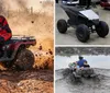 A person in full protective gear is riding a red ATV on a dirt trail kicking up dust and mud