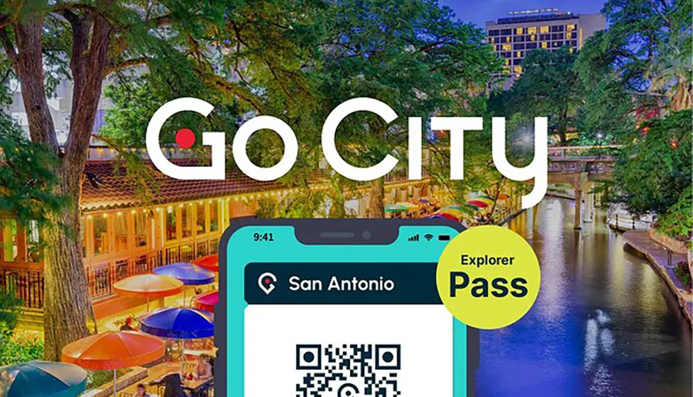 The image shows an advertisement for Go Citys Explorer Pass with an illustrated smartphone displaying a QR code set against a vibrant backdrop of a riverwalk scene at dusk