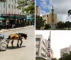 A horse-drawn carriage transports passengers along a bustling street lined with shops and pedestrians