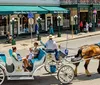 A horse-drawn carriage transports passengers along a bustling street lined with shops and pedestrians