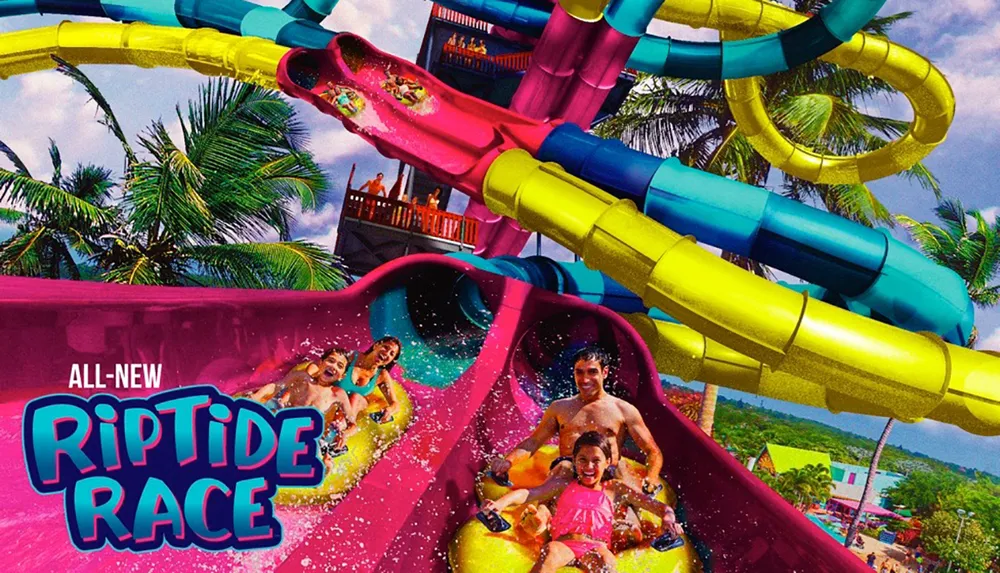 The image shows joyful people riding colorful water slides with the name RipTide Race prominently displayed suggesting an exciting aquatic racing attraction