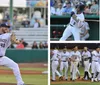 The collage depicts various scenes from a baseball game featuring players in white uniforms with Missions on the front capturing actions such as pitching batting team celebration and a view of the game with spectators in the stands