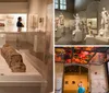 Visitors are closely examining ancient artifacts at a museum exhibit with a focus on a sarcophagus