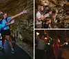 Three joyful individuals are posing with arms raised in a cave-like setting expressing happiness or excitement