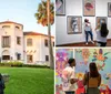 A person admires artwork in a gallery while another takes a photo with their smartphone