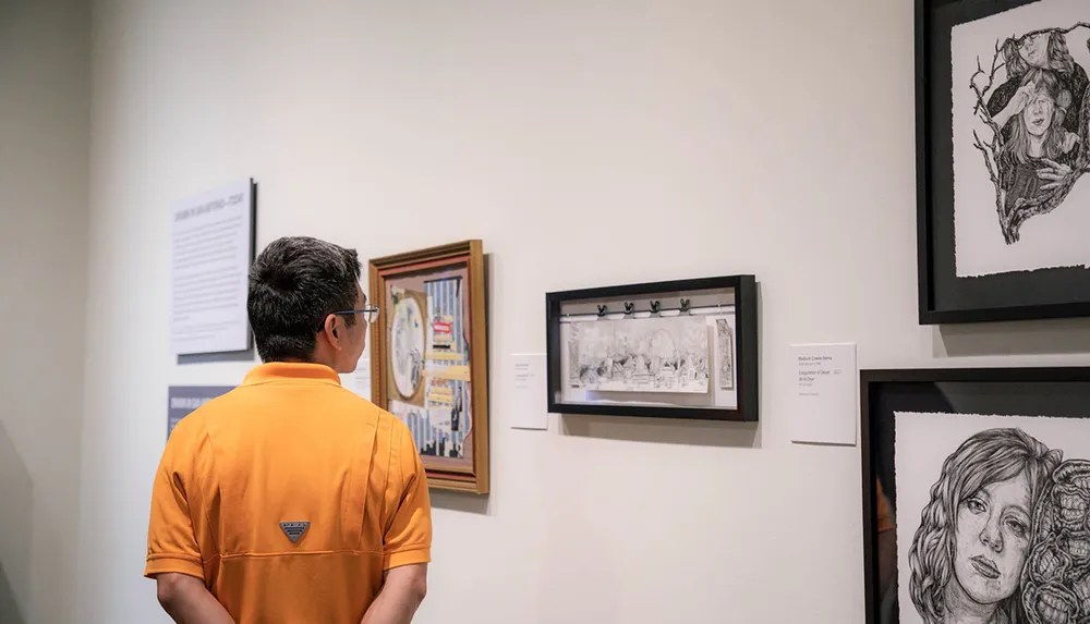 A person is viewing artwork displayed on a wall at an exhibit