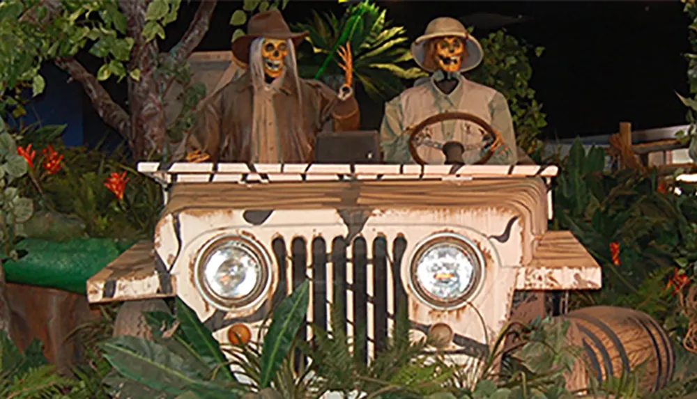 The image features two skeletal figures in adventure attire one holding a steering wheel and the other waving positioned in a jungle-themed setting presumably in a jeep-like vehicle