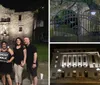 A group of people is posing for a photo at night in front of the historic Alamo mission in San Antonio Texas with one individual holding a Ghost Walk sign suggesting they may be participating in a ghost tour event