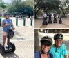 A group of people wearing helmets and riding Segways are waving cheerfully in front of a historic building