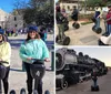 Three smiling people wearing helmets are standing with Segways in front of the Alamo on a sunny day