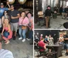 Four women are smiling for a photo in front of wooden barrels possibly at a winery or brewery